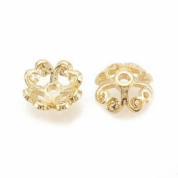 Brass Bead Caps, Flower, 4-Petal, Hollow, Nickel Free, Real 18K Gold Plated, 7.5x7.5x2.5mm, Hole: 1mm