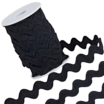 Polyester Wavy Fringe Trim, Wave Bending Lace Ribbon, for Clothes Sewing and Art Craft Decoration, Black, 1/2 inch(12mm), about 12.5 yards