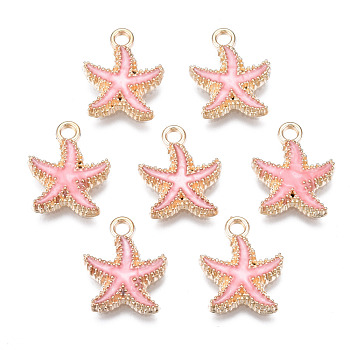 Alloy Enamel Pendants, Starfish, Light Gold, Pink, 18x15x3mm, Hole: 2.5mm
