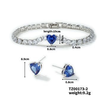 Elegant Fashion Heart Brass Micro Pave Cubic Zirconia Earrings & Bracelet Set for Women.