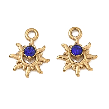 304 Stainless Steel Pendants, Sun Charms, with Rhinestone, Ion Plating(IP), Golden, 11x9x2.5mm, Hole: 1.4mm