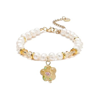 Lampwork Flower Charm Bracelet, Natural Pearl & Glass Beaded Dainty Bracelet for Women, Goldenrod, 7-1/2 inch(19cm)