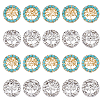 50Pcs 2 Style Alloy Slide Charms, with Synthetic Turquoise & Crystal Rhinestone, Flat Round with Tree of Life, Platinum & Golden, 12x5.5mm, Hole: 1.8mm & 2.1x7.7mm, 25pcs/style