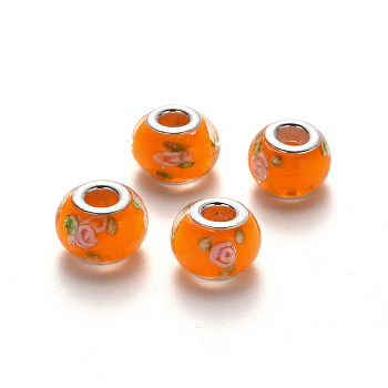Handmade Lampwork European Beads, Large Hole Rondelle Beads, with Platinum Tone Brass Double Cores, Dark Orange, 14~15x9~10mm, Hole: 5mm