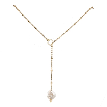 ABS Plastic Imitation Pearl Nuggets Pendant Necklaces, Adjustable 304 Stainless Steel Satellite Chain Lariat Necklaces, Golden, 28.74 inch(73cm)