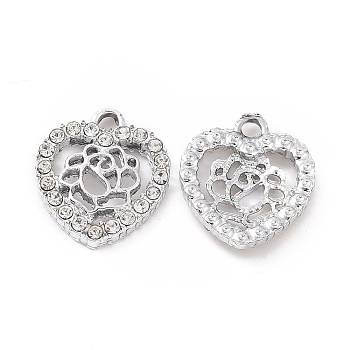 Alloy Rhinestone Charms, Platinum Tone Heart with Flower, Crystal, 15x13.5x2.5mm, Hole: 1.6mm