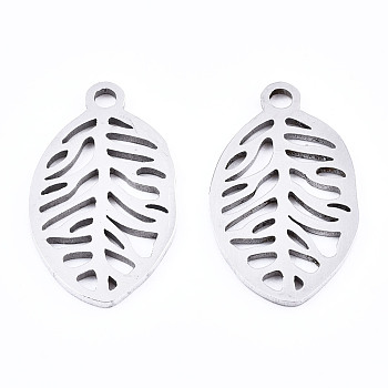 201 Stainless Steel Pendants, Laser Cut, Leaf, Stainless Steel Color, 17.5x10x1mm, Hole: 1.4mm