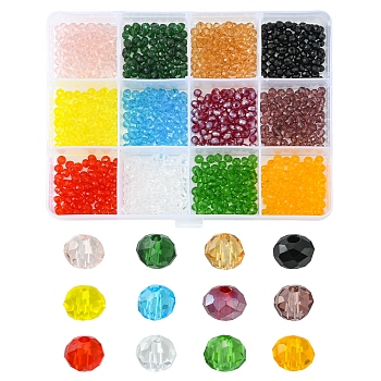 960Pcs 12 Colors Glass Beads, Faceted, Rondelle, Mixed Color, 4x3mm, Hole: 0.9mm, 80pcs/color
