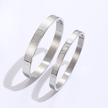 2Pcs 2 Style Stainless Steel Hinged Bangles for Women, Roman Number Bangle, Stainless Steel Color, Inner Diameter: 2-3/8 inch(6cm) & 2-1/2 inch(6.5cm), 1pc/style