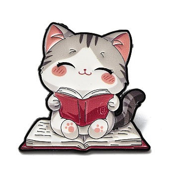 Cat Reading Book Enamel Pins, Alloy Lapel Pin Backs for Backpack Clothes, Gray, 31.5x33.5mm