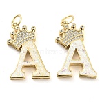Brass Micro Pave Clear Cubic Zirconia Pendants, Cadmium Free & Lead Free, with Synthetic Opal, Real 18K Gold Plated, with Jump Ring, Letter A, 26.5~33x14~23.5x3.5~4.5mm, Hole: 4.5mm(KK-G498-01A-02)