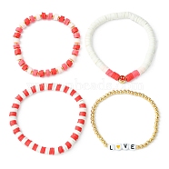 4Pcs 4 Style Polymer Clay Heishi Surfer Stretch Bracelets Set, Smiling Face & Word Love Brass Adjutable Bracelets for Valentine's Day, Red, Inner Diameter: 2-1/8~2-1/4 inch(5.4~5.8cm), 1Pc/style(BJEW-TA00296)