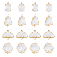 16Pcs 4 Styles Glass Connector Charms, with Light Gold Plated Brass Edge, Faceted, Hexagon & Fan & Oval, Clear, 18.5~26x13~24x7~8, Hole: 1.2~2mm, 4pcs/style(GLAA-HY0001-10)