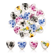 20Pcs 4 Color Handmade Porcelain Ceramic Beads, Flower Printed, Heart, Mixed Color, 15x15x7mm, Hole: 3mm, 5pcs/color(DIY-FS0002-43)