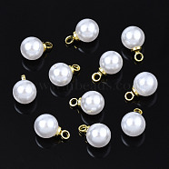 ABS Plastic Imitation Pearl Pendants, with Brass Findings, Round, White, 9x6mm, Hole: 1.5mm(SACR-T360-01)