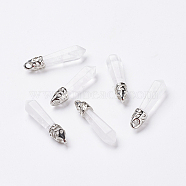 Natural Quartz Crystal Pointed Pendants, Rock Crystal Pendants, with Platinum Tone Alloy Findings, Bullet, 33~40x8~9x8~9mm, Hole: 3x4mm(X-G-P309-06)