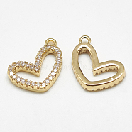 Brass Charms, with Cubic Zirconia, Heart, Clear, Real 18K Gold Plated, 13x14x2mm, Hole: 1.5mm(KK-S347-058)