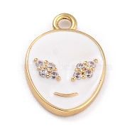 Golden Plated Brass Micro Pave Clear Cubic Zirconia Pendants, with Enamel, Long-Lasting Plated, Extra-terrestrial, White, 17x11.5x2mm, Hole: 1.6mm(ZIRC-L097-031C-G)