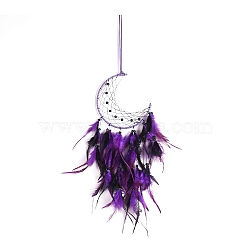Moon Woven Web/Net with Feather Wall Hanging Decorations, with Iron Ring, for Home Bedroom Decorations, Indigo, 480mm(PW-WG67276-01)