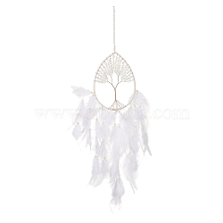 Wire Wrapped Natural Quartz Crystal Chip Teardrop with Tree of Life Wind Chime, Feather Tassel for Home Window Hanging Ornaments, 640x200mm(HJEW-K067-09P-06)