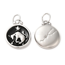 304 Stainless Steel Enamel Pendants, with Jump Ring, Flat Round with Constellation, Stainless Steel Color, Taurus, 20.5x17x2.5~3.5mm, Hole: 4x6mm(STAS-A080-43P-02)