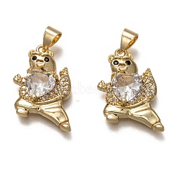 Brass Micro Pave Cubic Zirconia Pendants, Long-Lasting Plated, Real 18K Gold Plated, Inlay Bear Shape, White, 18.5x13.5x5mm, Hole: 3.5X4mm(ZIRC-B002-10G-D)