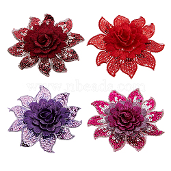 Nbeads 4Pcs 4 Colors 3D Flower Pattern Polyester Fabrics Computerized Embroidery Cloth Sew on Appliques, Sequin/Paillette Appliques, Mixed Color, 80x4mm, 1pc/color(PATC-NB0001-15B)