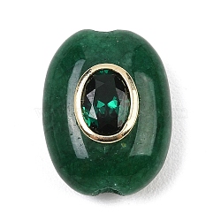 Dyed Natural White Jade Beads, with Brass Micro Pave Cubic Zirconia, Flat Oval, Rack Plating, Long-Lasting Plated, Lead Free & Cadmium Free, Real 18K Gold Plated, Dark Green, 20x15x10mm, Hole: 3mm(GG-CBA407D-03G)