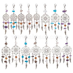 30Pcs 5 Styles Woven Net/Web with Wing Tibetan Style Alloy Pendant Decorations, with Gemstone Chip & Wood Beads, 89~95mm, 6pcs/style(HJEW-AB00258)