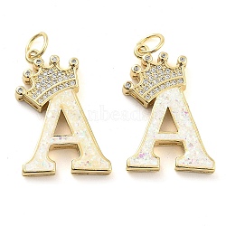 Brass Micro Pave Clear Cubic Zirconia Pendants, with Synthetic Opal, Real 18K Gold Plated, with Jump Ring, Letter A, 26.5~33x14~23.5x3.5~4.5mm, Hole: 4.5mm(KK-G498-01A-02)