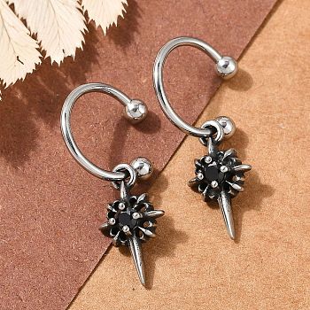 Flower 316 Surgical Stainless Steel & Black Glass Dangle Half Hoop Earrings for Women, Antique Silver, 25.5x8mm