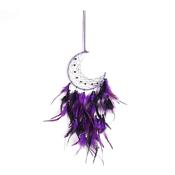 Moon Woven Web/Net with Feather Wall Hanging Decorations, with Iron Ring, for Home Bedroom Decorations, Indigo, 480mm