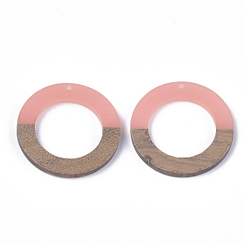 Resin & Walnut Wood Pendants, Ring, Salmon, 38x3.5mm, Hole: 2mm