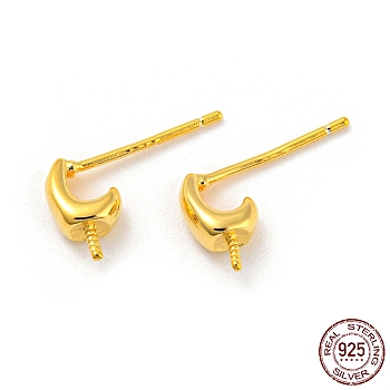 925 Sterling Silver Stud Earring Findings, for Half Drilled Beads, with S925 Stamp, Real 18K Gold Plated, 8x3mm, Pin: 10x0.7mm and 0.7mm
