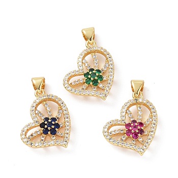 Brass Micro Pave Cubic Zirconia Pendants, Real 18K Gold Plated, Hollow Heart with Flower Charm, Mixed Color, 21x18x4.5mm, Hole: 3.5x4mm