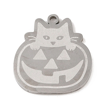 Halloween 304 Stainless Steel Pendants, Pumpkin Cat Charm, Stainless Steel Color, 24x21.5x1.5mm, Hole: 1mm