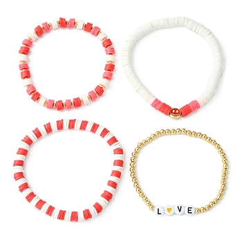 4Pcs 4 Style Polymer Clay Heishi Surfer Stretch Bracelets Set, Smiling Face & Word Love Brass Adjutable Bracelets for Valentine's Day, Red, Inner Diameter: 2-1/8~2-1/4 inch(5.4~5.8cm), 1Pc/style