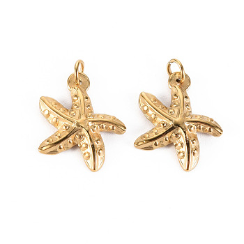 304 Stainless Steel Pendants, with Jump Rings, Starfish, Real 14K Gold Plated, 17x17x3mm, Jump Ring: 4.8x0.8mm, 3.2mm inner diameter