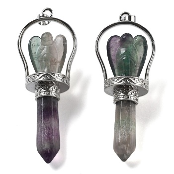 Natural Fluorite Pointed Big Pendants, Faceted Bullet & Angel Charms with Brass Findings, Rack Plating, Platinum, 71~77x27~28x19~20mm, Hole: 6.5x4.5mm