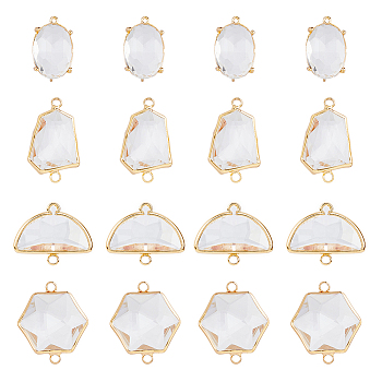 16Pcs 4 Styles Glass Connector Charms, with Light Gold Plated Brass Edge, Faceted, Hexagon & Fan & Oval, Clear, 18.5~26x13~24x7~8, Hole: 1.2~2mm, 4pcs/style