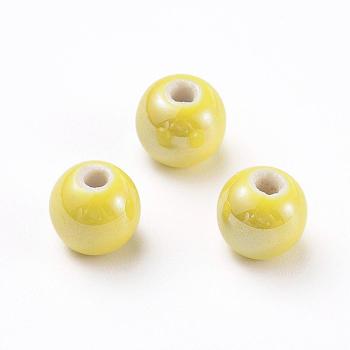 Handmade Porcelain Beads, Pearlized, Round, Yellow, 8mm, Hole: 2mm