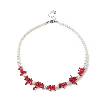 Dyed Synthetic Red Coral Chips & Natural Shell Pearl Graduated Beaded Necklaces for Women, 17.52 inch(44.5cm)