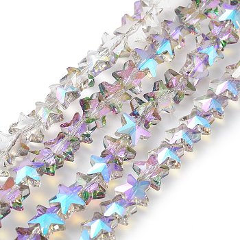 Electroplate Transparent Glass Beads, Half Rainbown Plated, Faceted Star, Plum, 9.5x10x6mm, Hole: 0.5mm