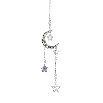 Alloy Moon/Star Pendant Decorations, Glass Star Hanging Decorations, Antique Silver, 220mm