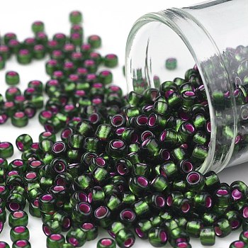 TOHO Round Seed Beads, Japanese Seed Beads, (2204) Silver Lined Frost Olivine Pink Lined, 8/0, 3mm, Hole: 1mm, about 222pcs/10g