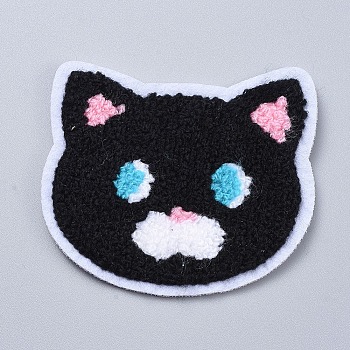 Computerized Embroidery Cloth Sew on Patches, Costume Accessories, Appliques, Cat Shape, Black, 67x79x4mm