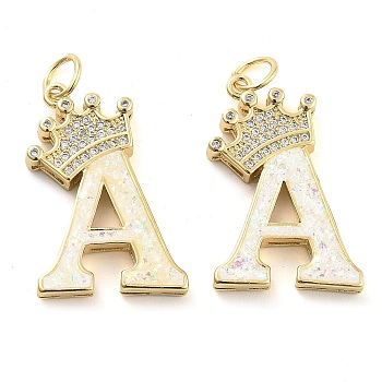 Brass Micro Pave Clear Cubic Zirconia Pendants, with Synthetic Opal, Real 18K Gold Plated, with Jump Ring, Letter A, 26.5~33x14~23.5x3.5~4.5mm, Hole: 4.5mm