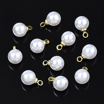 ABS Plastic Imitation Pearl Pendants, with Brass Findings, Round, White, 9x6mm, Hole: 1.5mm