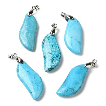 Dyed Natural Magnesite Pendants, Leaf Charms with Platinum Plated Alloy Snap on Bails, Deep Sky Blue, 35.5x15x7mm, Hole: 4x4.5mm