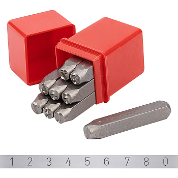 Iron Seal Stamps Set, for Imprinting Metal, Plastic, Wood, Leather, Including Number 0~8, Platinum, 64.5x10.5x10.5mm, 9pcs/box
